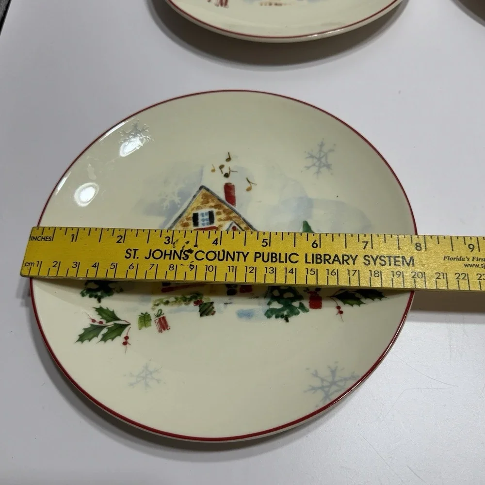 4 LENOX Christmas Dessert Plates Holiday Inspirations Illustrations Set Scenes